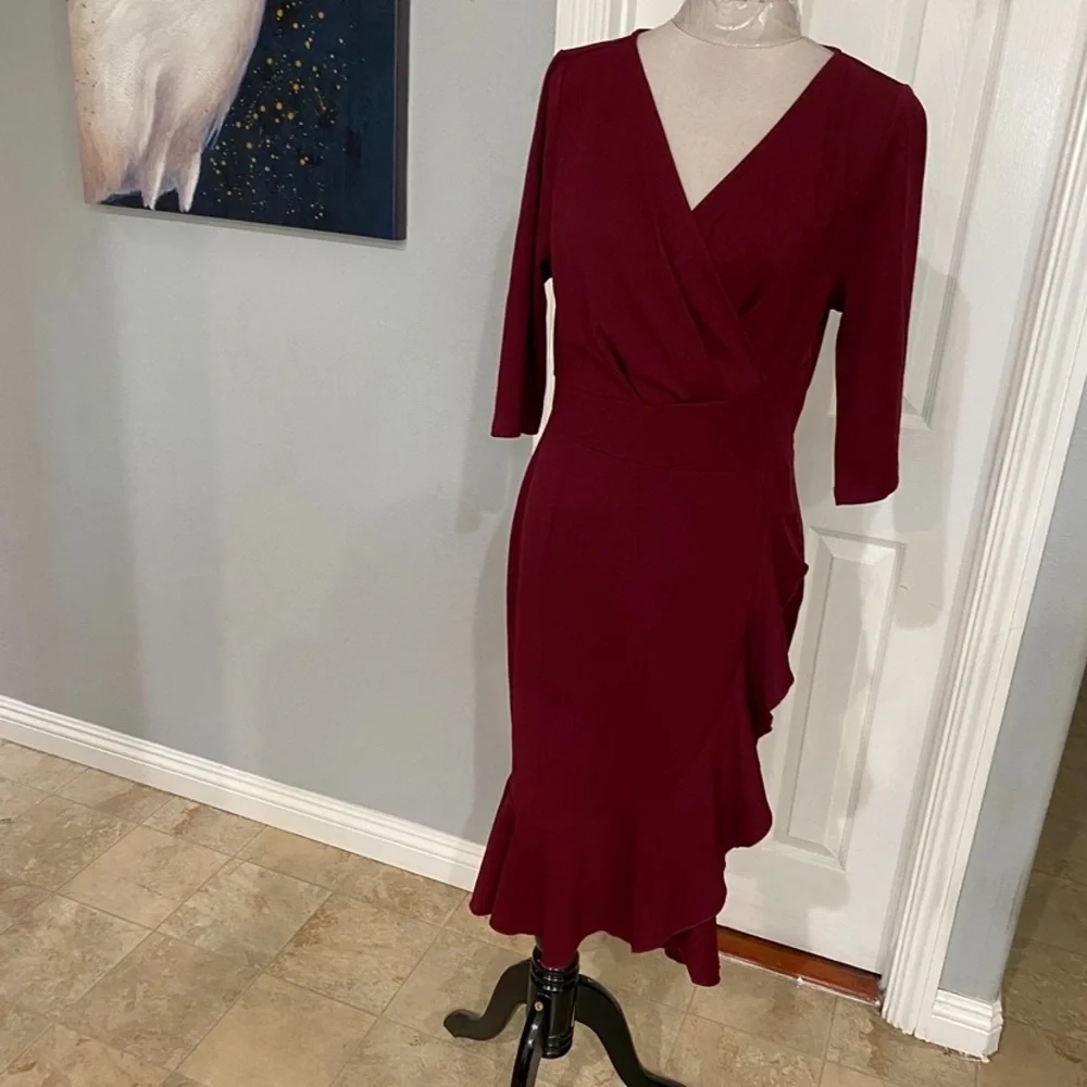 New Women XL Miusol 3/4 Sleeve Burgundy Ruffle Knee length Dress - Picture 4 of 7